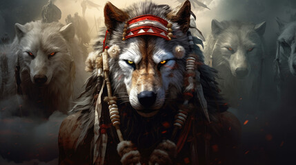 Warrior Wolf Spirit Illustration - obrazy, fototapety, plakaty
