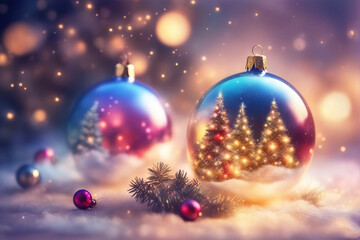 Christmas background with shiny balls, Christmas tree and blurred lights.