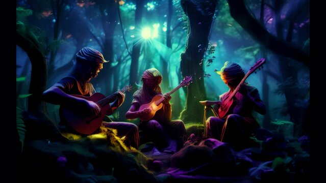 three aliens playing a guitar in a forest. the concept of space and UFOs. 4K. Generative AI