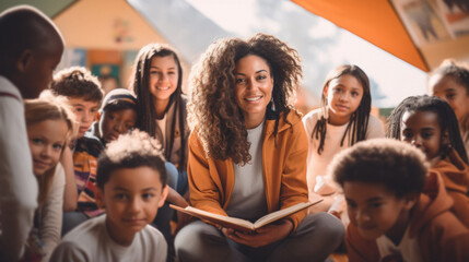 A young camp counselor holds a book in her hands and is surrounded by a diverse, multiracial group of children in a natural environment at a summer camp
