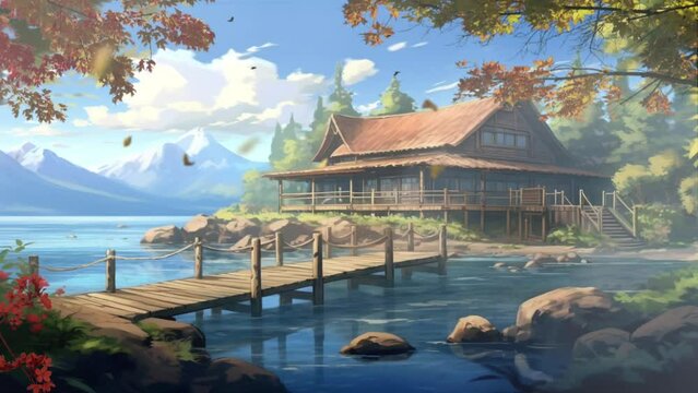 Peaceful nature landscape background with Traditional house on a beautiful lake animation cartoon style video art design