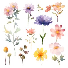 Watercolor garden flower illustration set isolated on white background. Botanic, floral element collection for greeting card, invitations, wedding, birthday designs