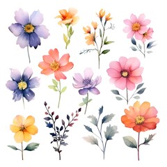Fototapeta na wymiar Watercolor garden flower illustration set isolated on white background. Botanic, floral element collection for greeting card, invitations, wedding, birthday designs