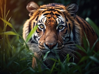 Stunning Tiger Close-Up Portrait in Natural Habitat Created with Generative AI	