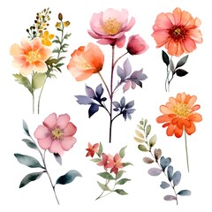 Watercolor garden flower illustration set isolated on white background. Botanic, floral element collection for greeting card, invitations, wedding, birthday designs