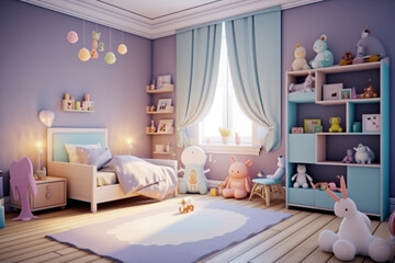 AI Generative. Interior design of baby boy bedroom. Pale purple concept color. Kids toys and kis furniture. Lovely, cute architecture room decoration. Clean and tidy