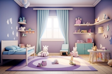Fototapeta na wymiar AI Generative. Interior design of baby boy bedroom. Pale purple concept color. Kids toys and kis furniture. Lovely, cute architecture room decoration. Clean and tidy