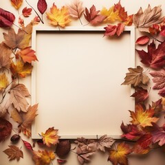 Naklejka na ściany i meble Yellow fall leaves frame. Minimal flat lay concept, red, orange, brown, yellow, beige, warm autumn colors. Copy space