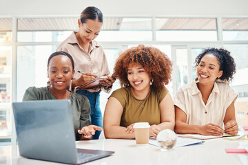 Business people, computer and team planning, collaboration and happy presentation in marketing meeting. Professional women, creative agency or group on laptop, writing in notebook or project teamwork