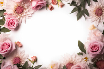 Beautiful floral frame on white background, flat lay. Space for text
