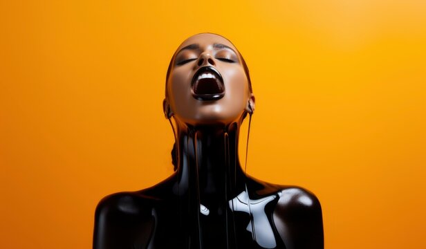 Shilajit sticky resin pouring down the woman's body. Health benefits supplement background. AI generated image