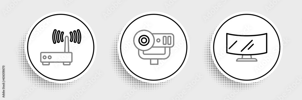 Poster set line computer monitor screen, router and wi-fi signal and web camera icon. vector