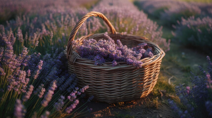 Fototapeta na wymiar Wicker basket of freshly cut lavender flowers a field of lavender bushes. The concept of spa, aromatherapy, cosmetology.