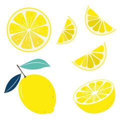set of lemon slices, set of lemons vector, lemons clip art, lemon illustration with leaves