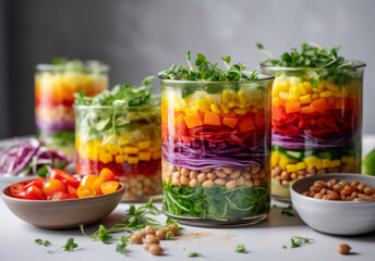 Rainbow jar salad with ingredients on a light table. Horizontal, side view