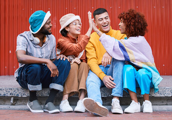 High five, university and friends in city, relax on holiday, adventure and weekend together....