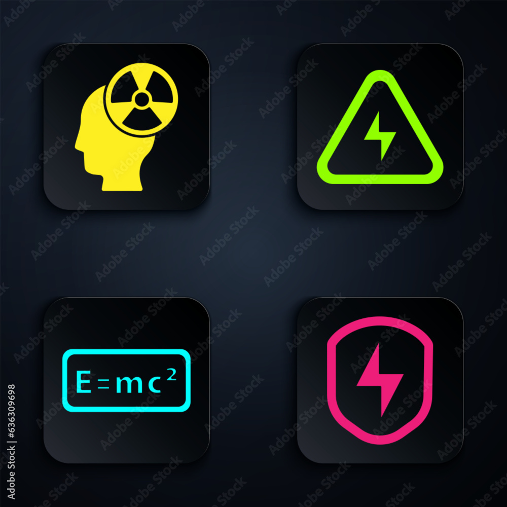 Poster set secure shield with lightning, head and radiation symbol, equation solution and high voltage. bla