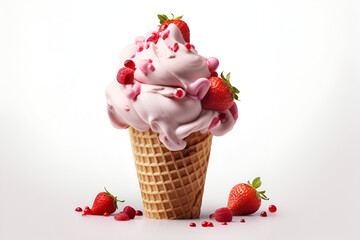 Strawberry ice cream in waffle cone isolated on white background