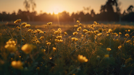 Yellow flowers with sunset on field.