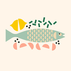 Whole fish with lemon and garlic for baking. Fish recipe illustration. Abstract healthy seafood with herbs for cooking. Geometric modern illustrations with seafood.
