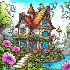 Fairytale  house with flowers, cute cartoon watercolor ink style illustration.