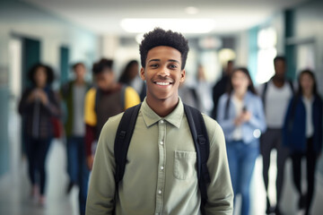 Portrait of a young happy African American teenage boy in school. Study and education concept. - obrazy, fototapety, plakaty