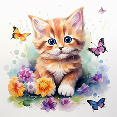 cat with flowers. Cute kitten with flowers and butterflies, watercolor painting on white background