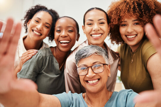 Selfie, office or portrait of women taking a picture together for teamwork on workplace break. Fashion designers, faces or excited group of happy employees in a photograph for a social media memory