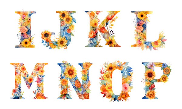 Cute letters with colorful autumn maple leaves, sunflower on a white background. Alphabet watercolor.. Сapital letters of the English alphabet: i, j, k, l, m, n, o, p