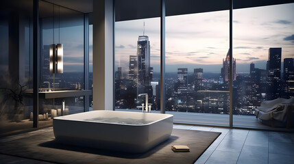 Witness the future of bathroom design with this awe-inspiring image. An infinity-edge bathtub overlooks a stunning cityscape through floor-to-ceiling windows. Automated blinds offer privacy at the tou