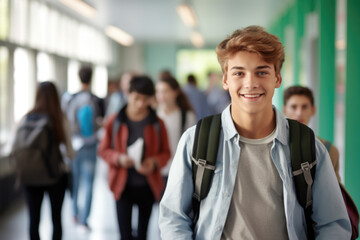 Portrait of a young happy teenage boy in school. Study and education concept.