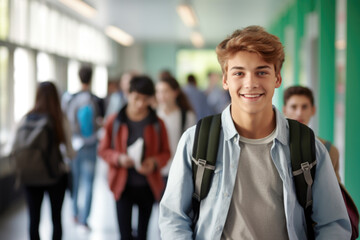Fototapeta premium Portrait of a young happy teenage boy in school. Study and education concept.