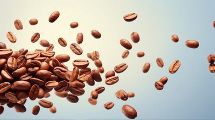 Obraz premium Roasted coffee beans flying through the air on light yellow and blue background