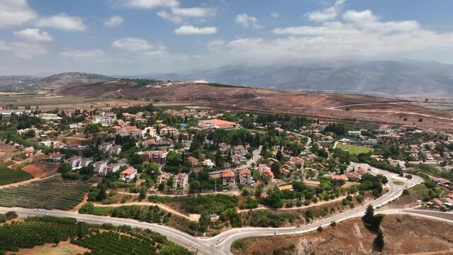 Aerial view of Metula skyline in houses in northern Israel