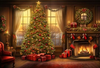 A christmas tree with presents on the chimneys illustration