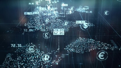 Global currencies exchange on abstract digital world map background. Stock market investment and trading concept. Transfer money technology and CBDC payments worldwide. Online banking account