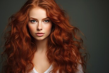 Fototapeta premium Beautiful model girl with long red curly hair. Red head. Care and beauty hair products
