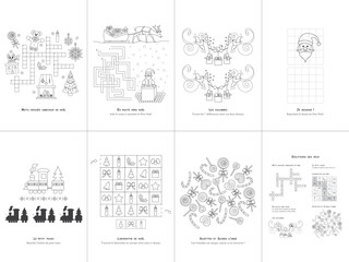 Set of seven games. Christmas Theme. Game and coloring page for kids. French language. Vector illustration. Set No. 2.