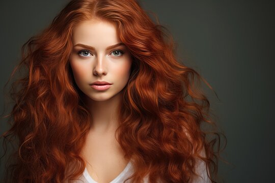 Beautiful model girl with long red curly hair. Red head. Care and beauty hair products