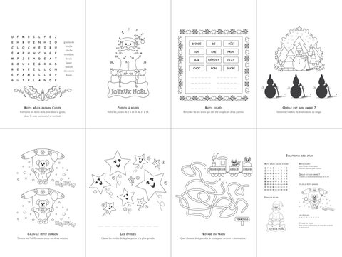Set of seven games. Christmas Theme. Game and coloring page for kids. French language. Vector illustration. Set No. 3.