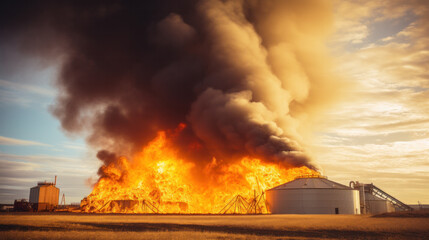 Fire at Modern Granary elevator. Silver silos on agro-processing and manufacturing plant for processing drying cleaning and storage of agricultural products, flour, cereals and grain.