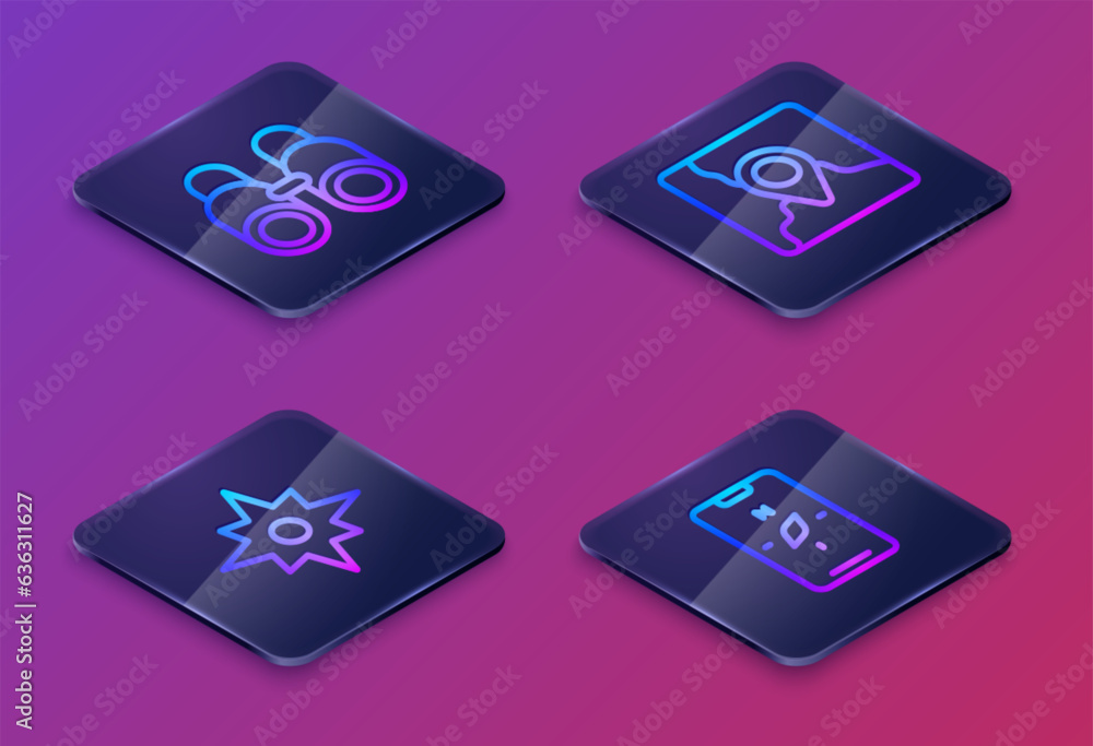 Poster set isometric line binoculars, wind rose, folded map with location marker and compass mobile. blue s