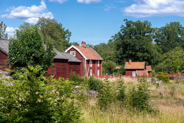 Typical village in Sweden with red wooden houses