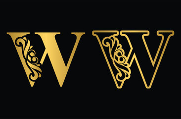 Golden letter W. Gold  flower alphabet. Beautiful capital letters with shadow