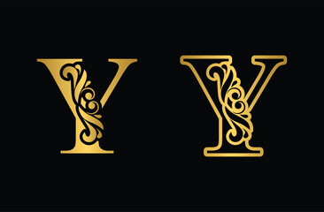 Golden letter Y. Gold  flower alphabet. Beautiful capital letters with shadow