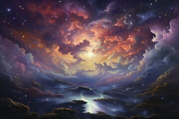 A vibrant celestial scene of swirling clouds, stars, and cosmic elements. Generative AI
