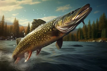 Fotobehang Realistic 3D rendering of a northern pike fish leaping in a river. Generative AI © Xaria