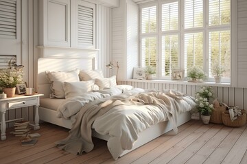 White wooden country bedroom with bed, blankets, shutters, parquet floor and top view. Interior design. Generative AI