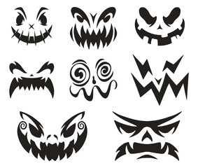 Halloween faces set stickers monochrome