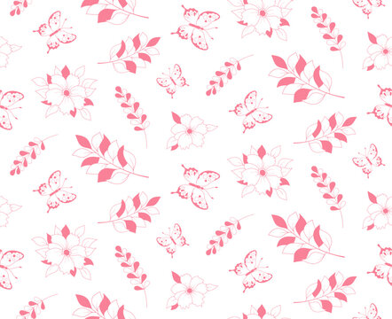 Seamless floral pattern with butterflies and flowers, line and silhouette.